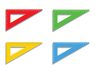 Set of realistic plastic colorful triangle rulers marked in inch and centimeters icon. School supplies. Drafting math measure tool. Office supply