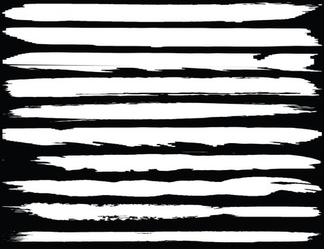 Collection of brush strokes grunge style. Abstract traces from the rollers. White stripes on a black background. Vector abstract elements.