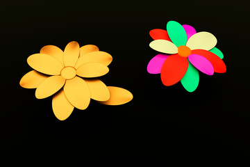 3D Illustration Two flowers, colored and toned in metallic colors yellow isolated in black