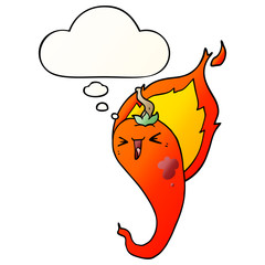 cartoon flaming hot chili pepper and thought bubble in smooth gradient style