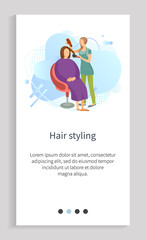 Hair styling, hairdresser holding hairdryer and bush equipments, hairstyle to woman, people characters in salon, beauty care, liquid shape vector. Website slider app template, landing page flat style