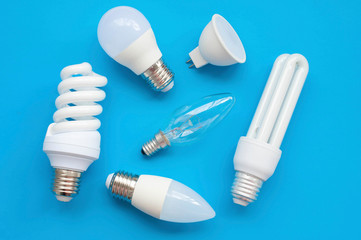 Bulbs of different types on a blue background
