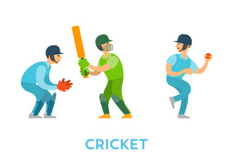 Cricket game vector, people playing competitive kind of sports, characters holding bat, wearing glove and throwing ball. Sportsman team flat style