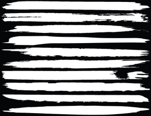 Collection of brush strokes grunge style. Abstract traces from the rollers. White stripes on a black background. Vector abstract elements.