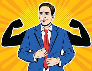 Vector illustration of a colorful pop art style of a young man in a business suit with biceps. Handsome businessman of athletic build. Poster of office worker with pumped up hands behind
