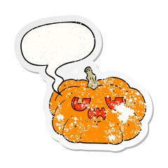 cartoon pumpkin and speech bubble distressed sticker