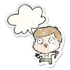 cartoon frightened man hunting halloween vampires and speech bubble distressed sticker