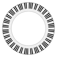 Musical keyboard circle frame, made of connected octave patterns. Decorative border, constructed from octaves, black and white keys of piano keyboard, shaped into repeated motif. Illustration. Vector. © Peter Hermes Furian