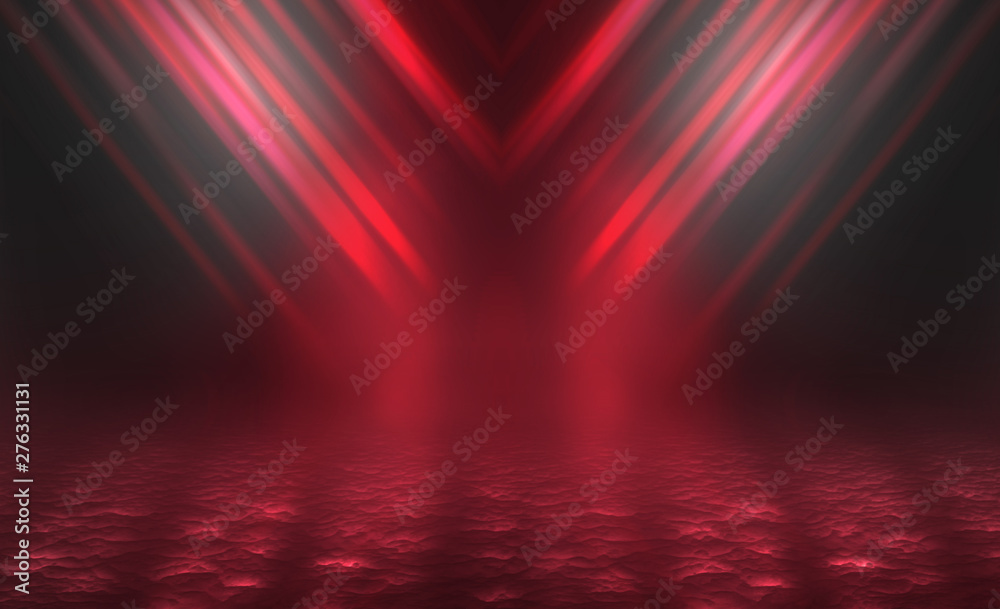 Poster Empty background scene. Dark reflection of the street on the wet asphalt. Rays of red neon light in the dark, neon figures, smoke. Background of empty stage show. Abstract dark background.