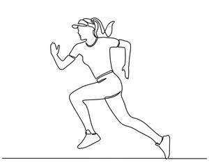 Continuous line drawing of woman running. Art concept of a running man. Dynamic movement. Side view. Minimal cover design. Vector template brochures, flyers, presentations, logo, print, banners