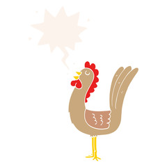 cartoon rooster and speech bubble in retro style