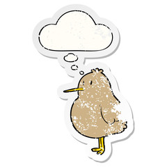 cartoon kiwi bird and thought bubble as a distressed worn sticker