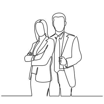 recommend clip art: Continuous line drawing of businessman and businesswoman standing. business partners discussing documents and ideas at meeting. vector illustration isolated on white background.