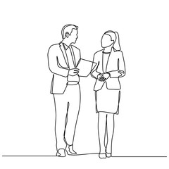 Continuous line drawing of businessman and businesswoman standing. business partners discussing documents and ideas at meeting. vector illustration isolated on white background.