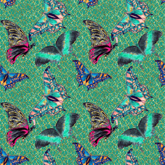 Obraz premium Hawaiian Tropical jungle colorful watercolor hand drawn butterflies seamless pattern 