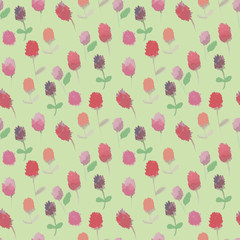 A romantic seamless raster pattern with red and pink clover flowers on pale background. Surface print design.