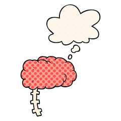 cartoon brain and thought bubble in comic book style