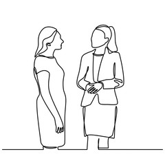 Continuous line drawing of businesswoman standing. business partners discussing documents and ideas at meeting. two women talking. vector illustration isolated on white background.