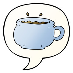 cartoon hot cup of coffee and speech bubble in smooth gradient style