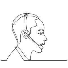continuous line drawing of operator with headsets. Call center operator man with headsets working. Customer Service Representative. vector illustration isolated on white background.
