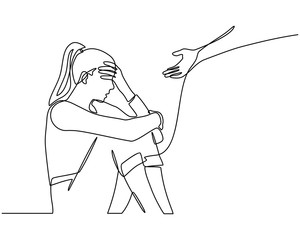 Continuous line drawings of young woman feeling sad, tired and worried about suffering from depression in mental health. problems, failures and concepts of heartbreak isolated on white background © Gondex