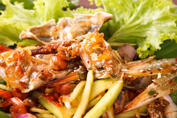 Hot and spicy sour Thai Salads. With BLUE SWIMMING CRAB and Chopped Mango. Close Up on BLUE SWIMMING CRAB