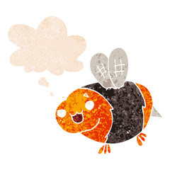 funny cartoon bee and thought bubble in retro textured style