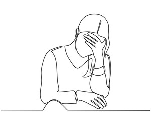 Continuous line drawings of young woman feeling sad, tired and worried about suffering from depression in mental health. problems, failures and concepts of heartbreak isolated on white background