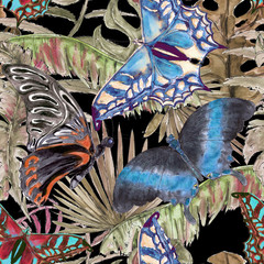 Hawaiian Tropical jungle colorful watercolor hand drawn seamless pattern with plants and butterflies