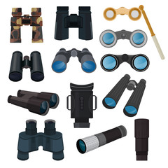 Binoculars vector optical equipment spyglass optics look-see looking far view illustration set of binocular spy search zoom instrument isolated on white background