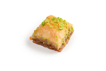 Pistachio baklava on a white background. Dessert.