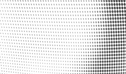 Halftone abstract waves of black dots on white background.