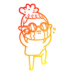 warm gradient line drawing cartoon crying woman wearing spectacles