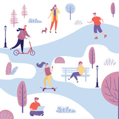 Different people in the park,human characters active lifestyle,recreation area,