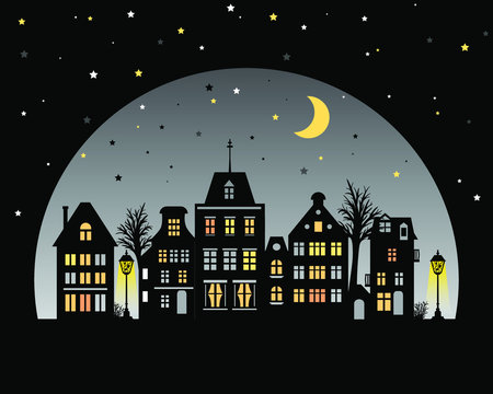 Night city skyline. View of Amsterdam houses. Stylized facades of buildings in old European style. Silhouette at twilight. Urban landscape. Flat vector illustration with typical dutch fashion.