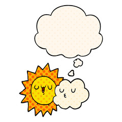 cartoon sun and cloud and thought bubble in comic book style