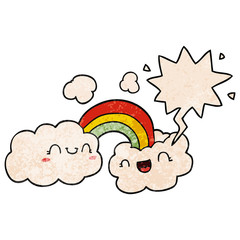 happy cartoon clouds and rainbow and speech bubble in retro texture style