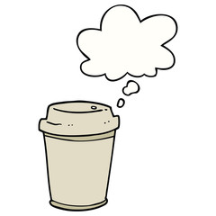 cartoon takeout coffee cup and thought bubble