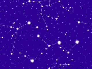 Seamless pattern starry sky with the constellations of Ursa Major, Canes Venatici and Columba. Cluster of stars and galaxies. Deep space. Vector illustration