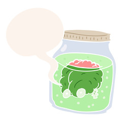 cartoon spooky brain floating in jar and speech bubble in retro style