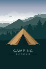 camping adventure tent at green mountain and forest landscape vector illustration EPS10