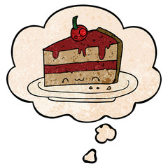 cartoon cake and thought bubble in grunge texture pattern style