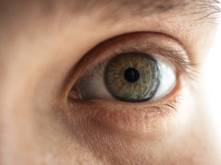Close-up human eye, macro green texture of iris eye