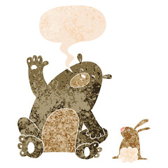 cartoon bear and rabbit friends and speech bubble in retro textured style