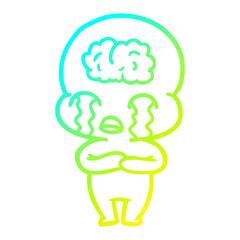 cold gradient line drawing cartoon big brain alien crying