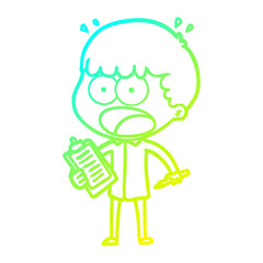 cold gradient line drawing cartoon shocked man with clipboard and pen
