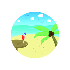 Fototapeta na wymiar Vector illustration. Beautiful illustration of beach, palm and coctail on the table. White background 