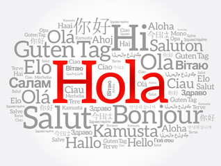 Hola (Hello Greeting in Spanish) word cloud in different languages of the world © dizain