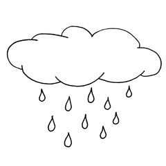 Autumn rainy cloud. Monochrome sketch, hand drawing. Black outline on white background. Vector illustration