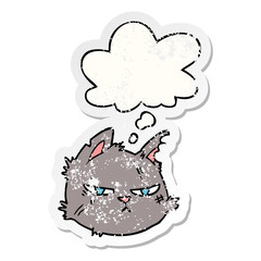 cartoon tough cat face and thought bubble as a distressed worn sticker